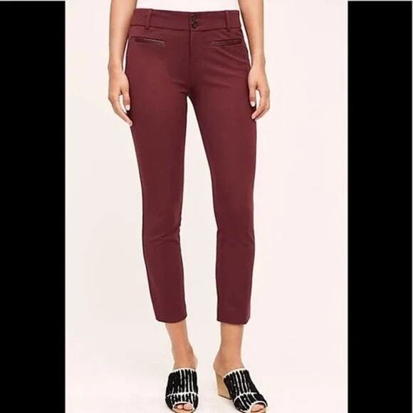 Slim crop maroon faux leather trim Anthropologie career business casual EUC sz 2 - Picture 2 of 9